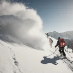 Ski patrollers moving through drifts with powder eruption from avalanche and Sierra Nevada backdrop