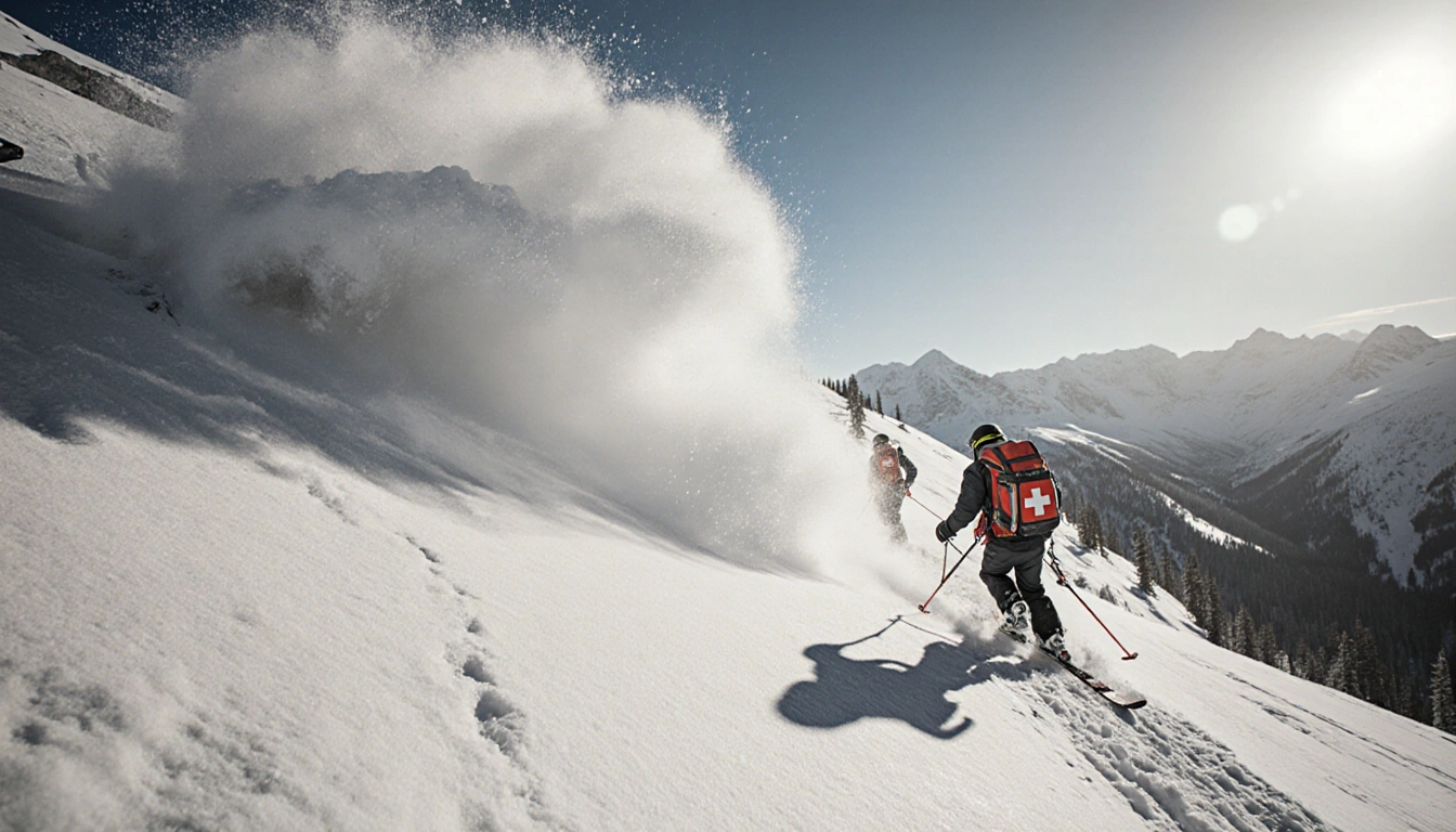 Ski patrollers moving through drifts with powder eruption from avalanche and Sierra Nevada backdrop