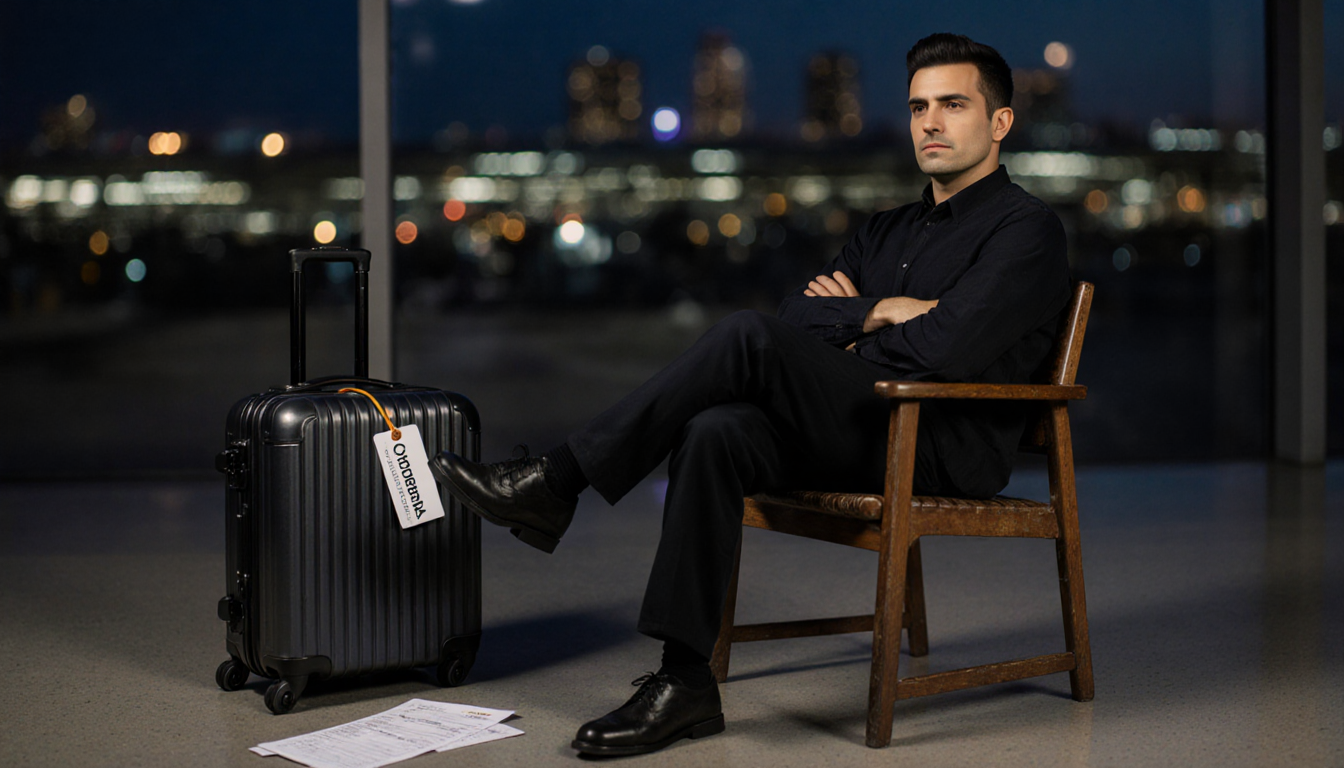 Man sits with arms crossed on chair and suitcase bearing name Cabrera beside him in LAX terminal