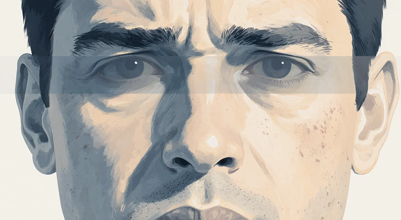 Man with uncertain expression showing blurred eyes in muted beige gray blue tones