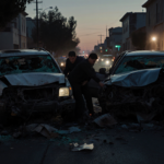 Two rescuers extricate from a mangled car with emergency lights glowing on a chaotic dusk street