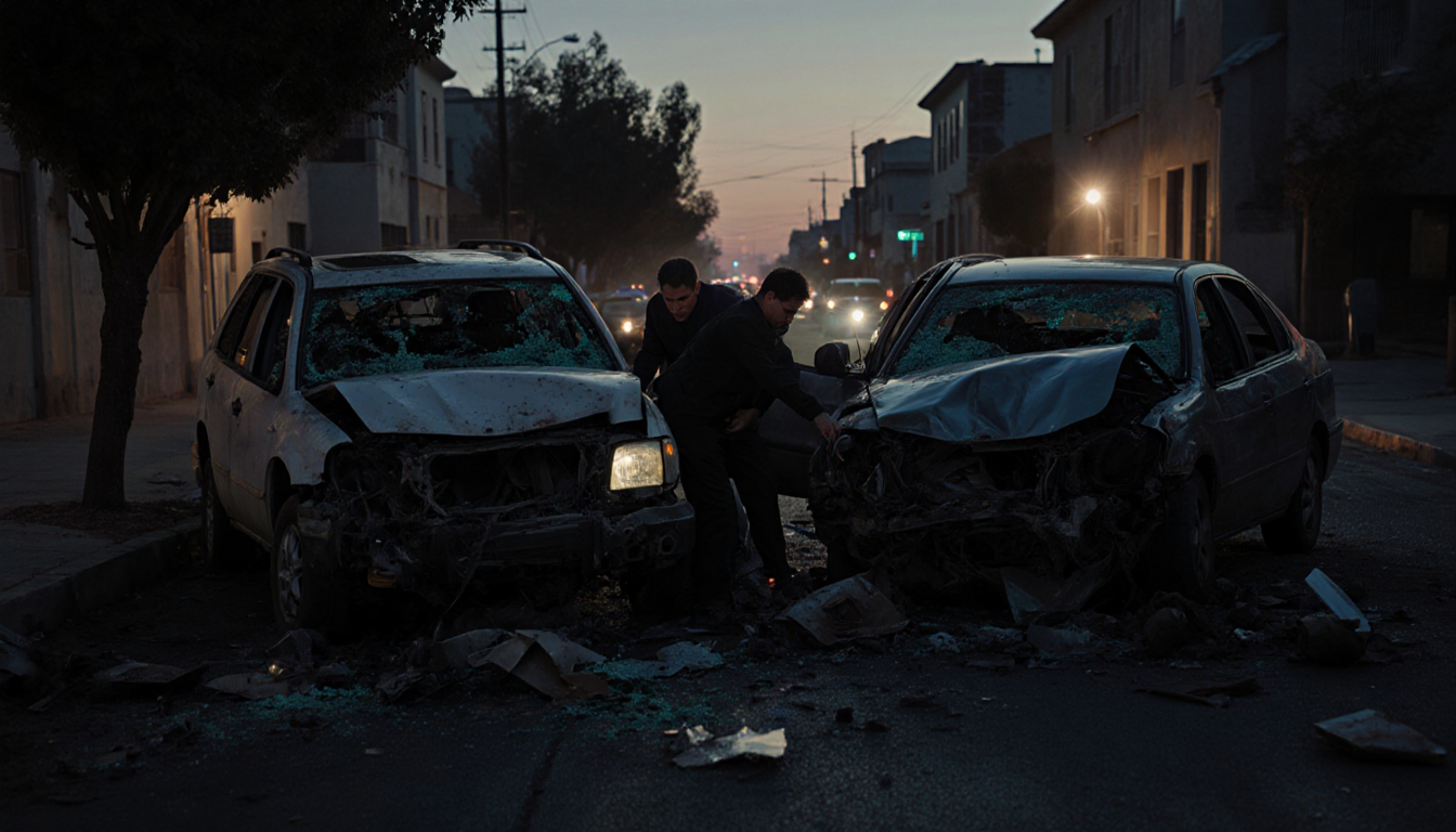 Two rescuers extricate from a mangled car with emergency lights glowing on a chaotic dusk street