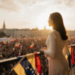 María Corina Machado standing on balcony with Venezuelan and Norwegian flags cheering supporters below.