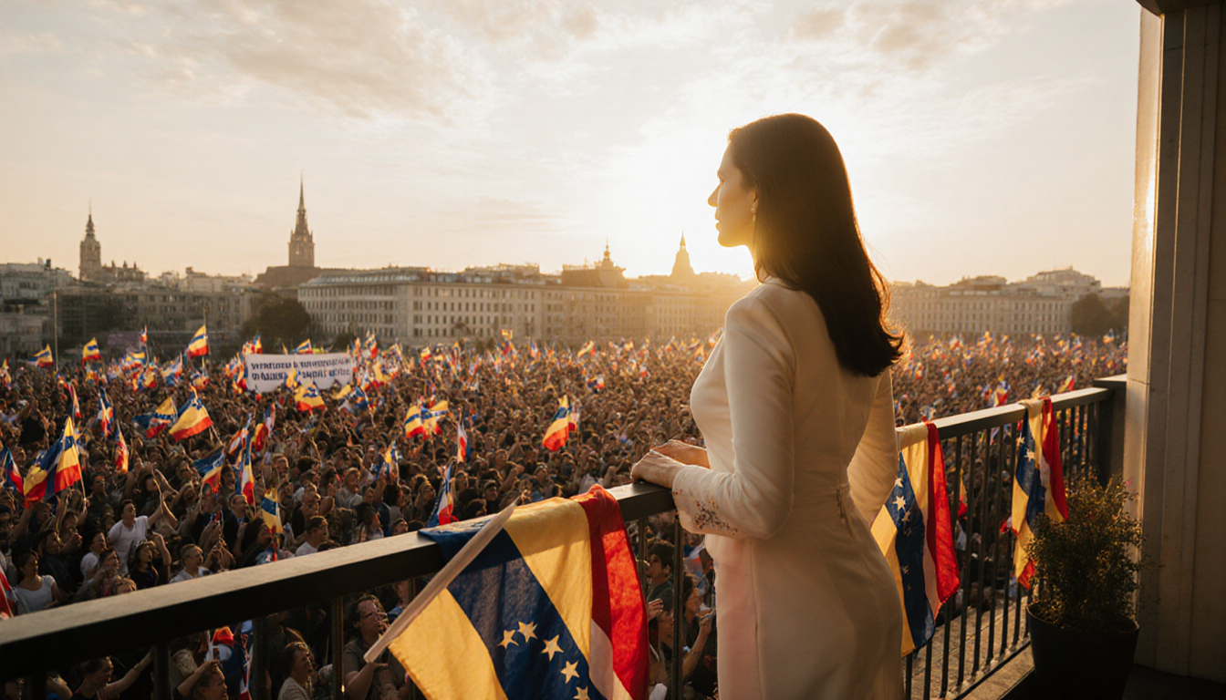María Corina Machado standing on balcony with Venezuelan and Norwegian flags cheering supporters below.