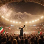Mariah Carey singing on San Siro with golden lights and cheering fans amid fireworks.