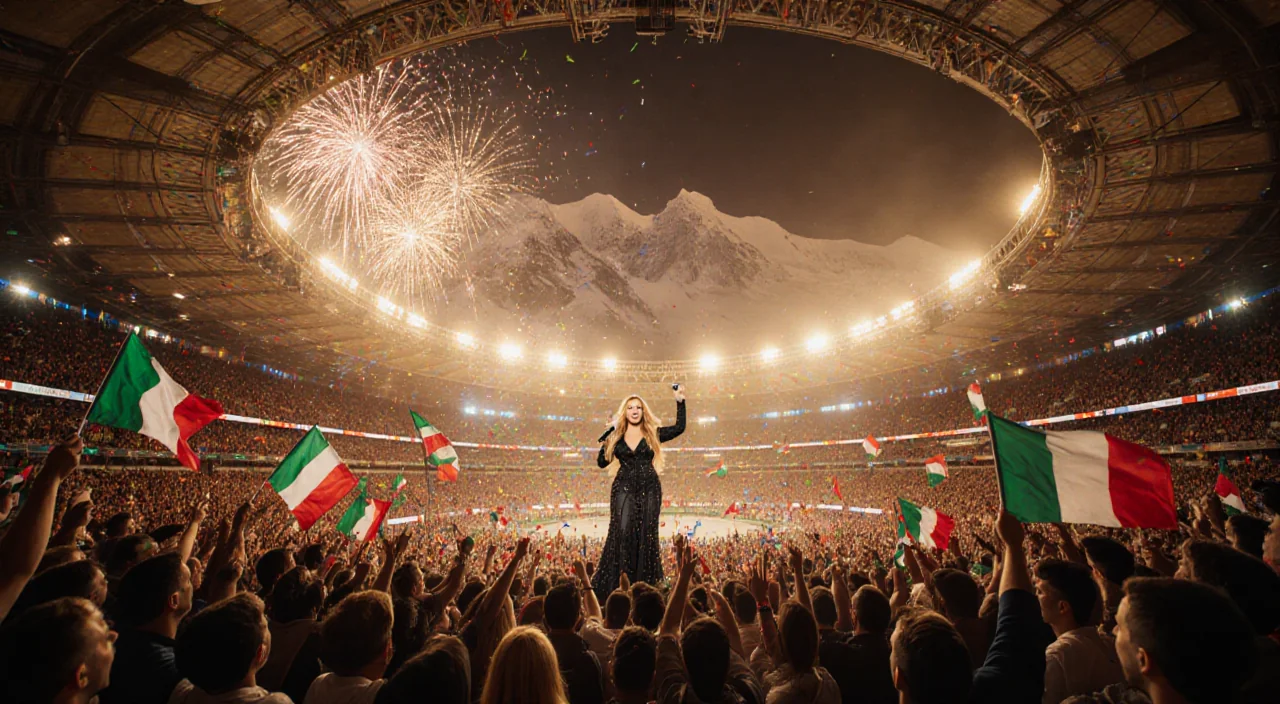Mariah Carey singing on San Siro with golden lights and cheering fans amid fireworks.