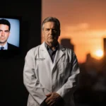 Mark Chavez standing with hands clasped back at sunset cityscape and Chandler Bing silhouette on TV.