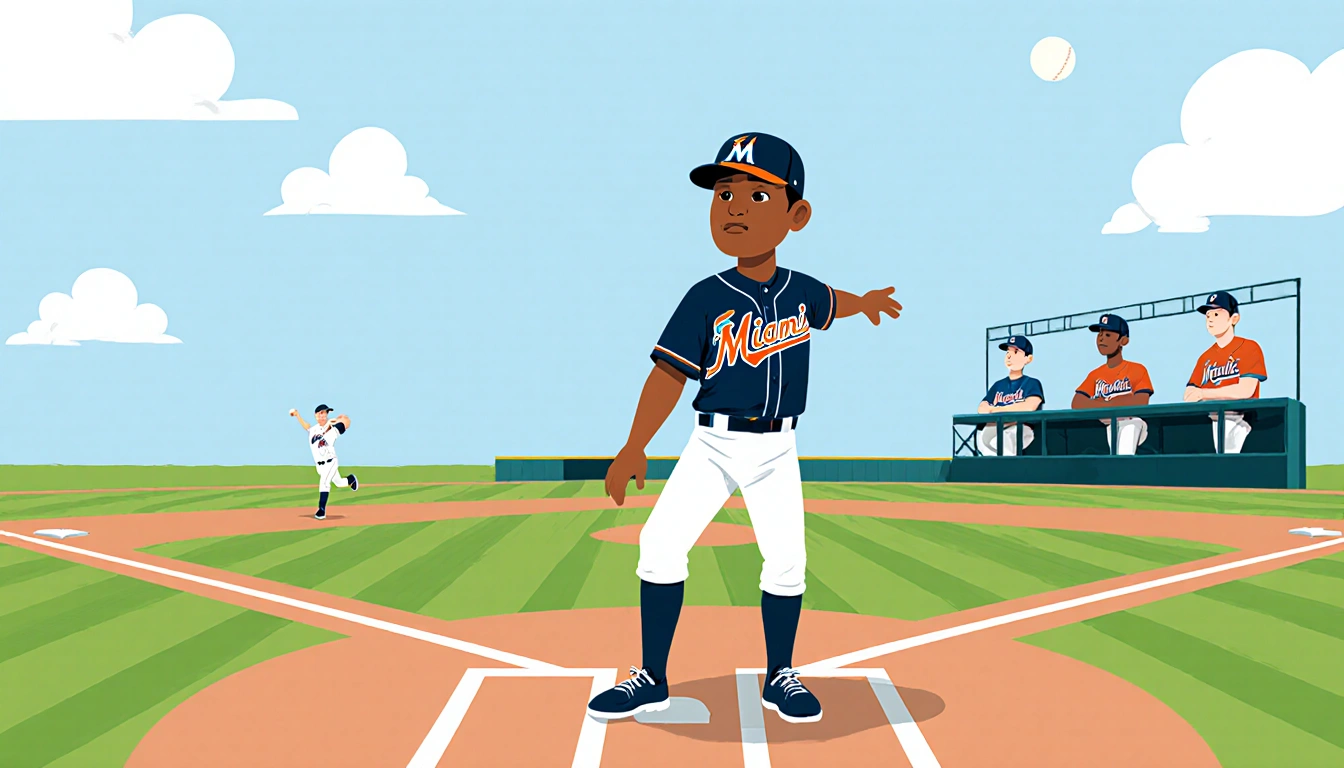 Ruiz tracking fly ball with Marlins jersey and cap while pitcher Marsee throws in sunny outfield.