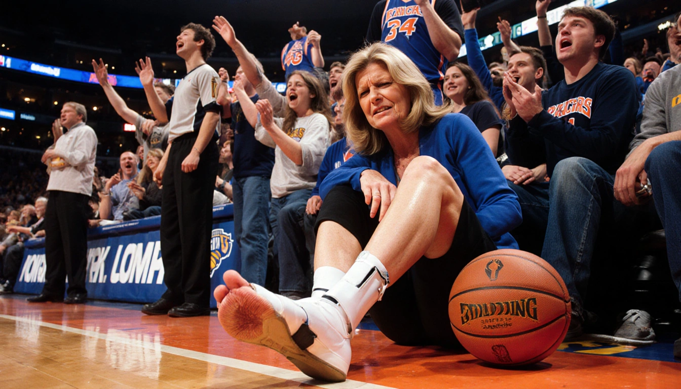 Martha Stewart sits on arena floor with foot in splint bruise on toe shoe beside her while a Pacers ball lies among fans