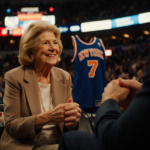 Martha Stewart recounts a story with Jimmy Fallon in a dimly lit Knicks stadium with blue jerseys and a glowing scoreboard