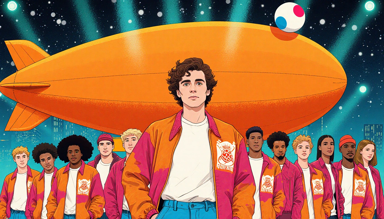 Timothée Chalamet at Marty Supreme poses beside an orange blimp with a ping-pong ball, entourage in windbreakers, and lights.