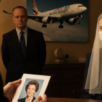 Woman seated with veil covering face showing deception and banker across table subtle airplane visible behind them.