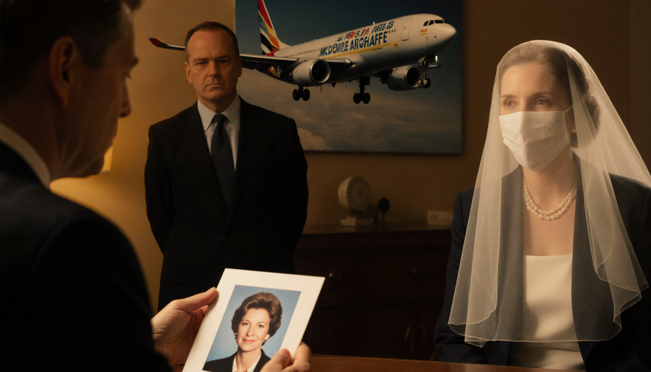 Woman seated with veil covering face showing deception and banker across table subtle airplane visible behind them.