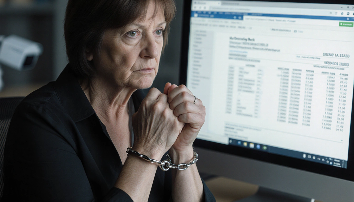Mary Carole McDonnell handcuffed sits checking statement with transactions near camera hinting at theft and fraud.