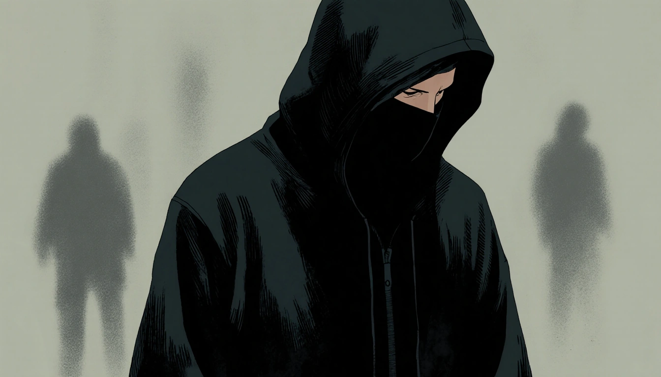 Person in dark clothing standing with face obscured by mask against a blurred background.