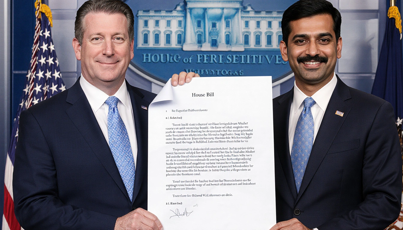 Massie and Khanna standing holding an unfolded House Bill with annotations near a Congress backdrop and courthouse hints