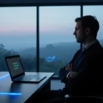 Max sits looking at futuristic home security panel with blue LED glow and misty landscape through floor‑to‑ceiling windows