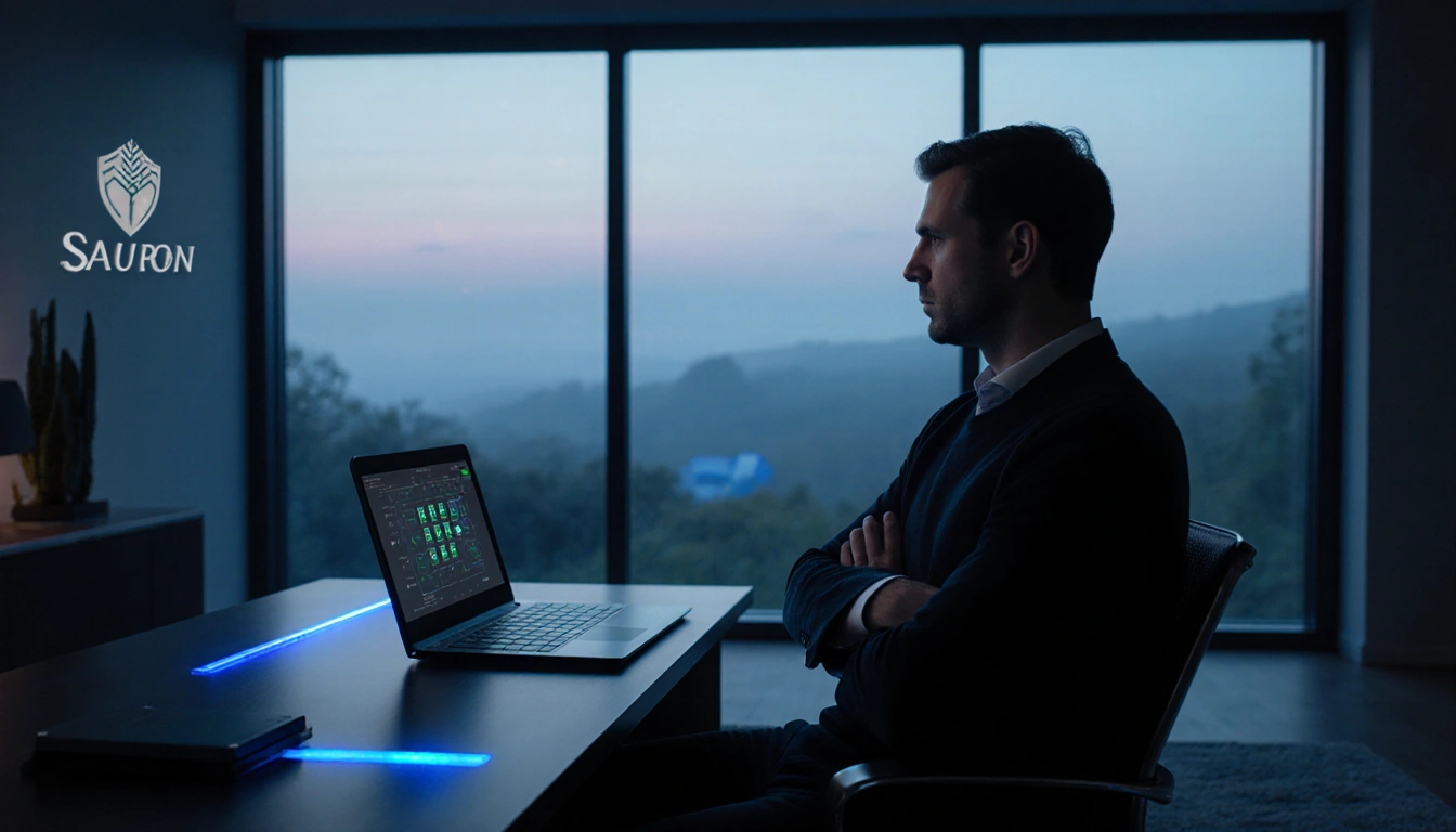 Max sits looking at futuristic home security panel with blue LED glow and misty landscape through floor‑to‑ceiling windows