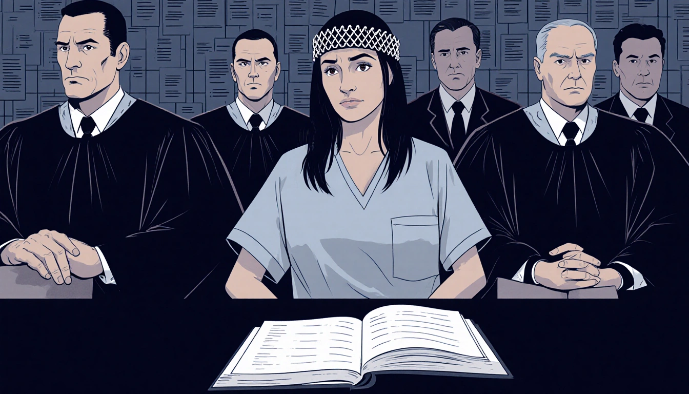 Ghislaine Maxwell sitting with a large document in a dim courtroom and a prison jumpsuit.