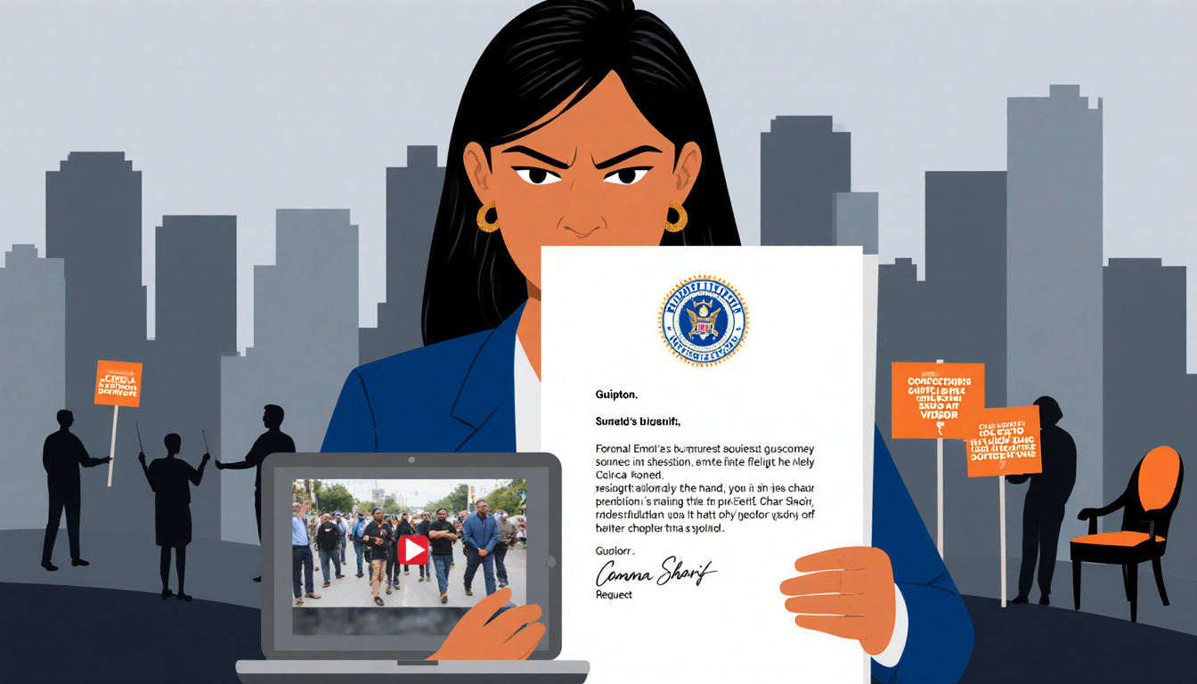 Mayor Emma Sharif holding a tablet with video display and a blurred Compton cityscape with protest signs in background.