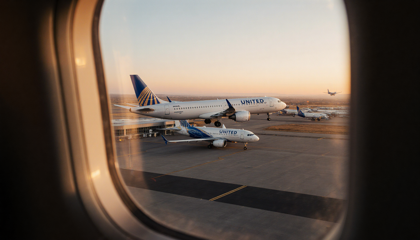 United planes taking off from McClellan‑Palomar Airport at sunset with terminal seen through a midair window and a landing je