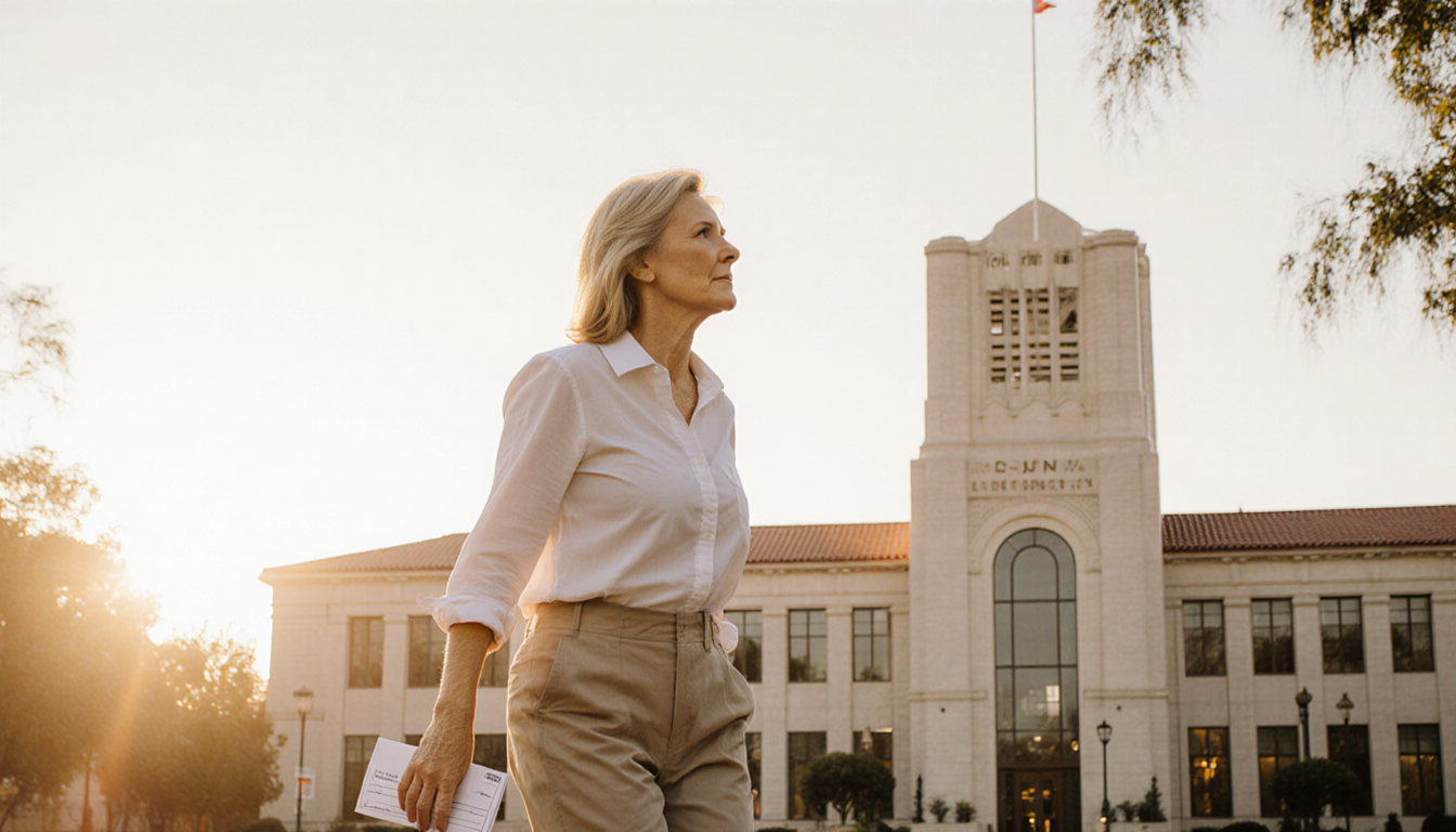 MacKenzie Scott walking toward camera with golden hour light over CSUN library and holding a donation envelope for education