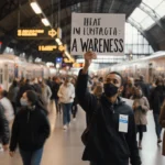 Person holding a Measles Awareness sign in a crowded bus station with commuters carrying vaccination badges