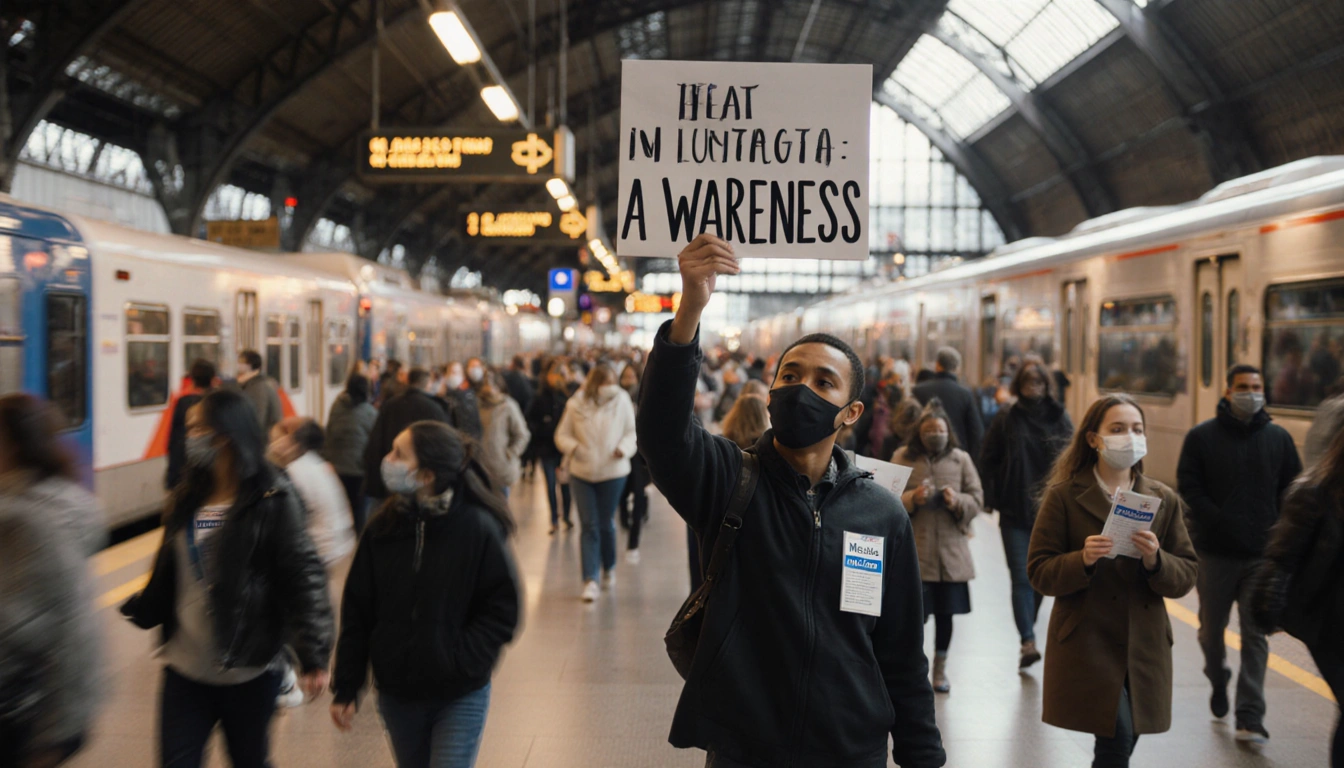 Person holding a Measles Awareness sign in a crowded bus station with commuters carrying vaccination badges