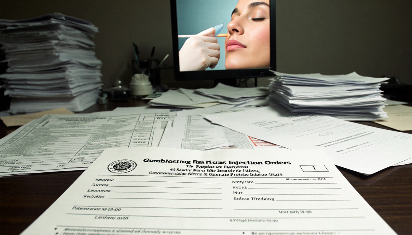 Paperwork piles up with forged Medicare claims and background image of Botox treatment.