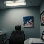 Doctor’s portrait shows black bar across face with unpaid Medicare claims nearby and blurred Botox syringes in background