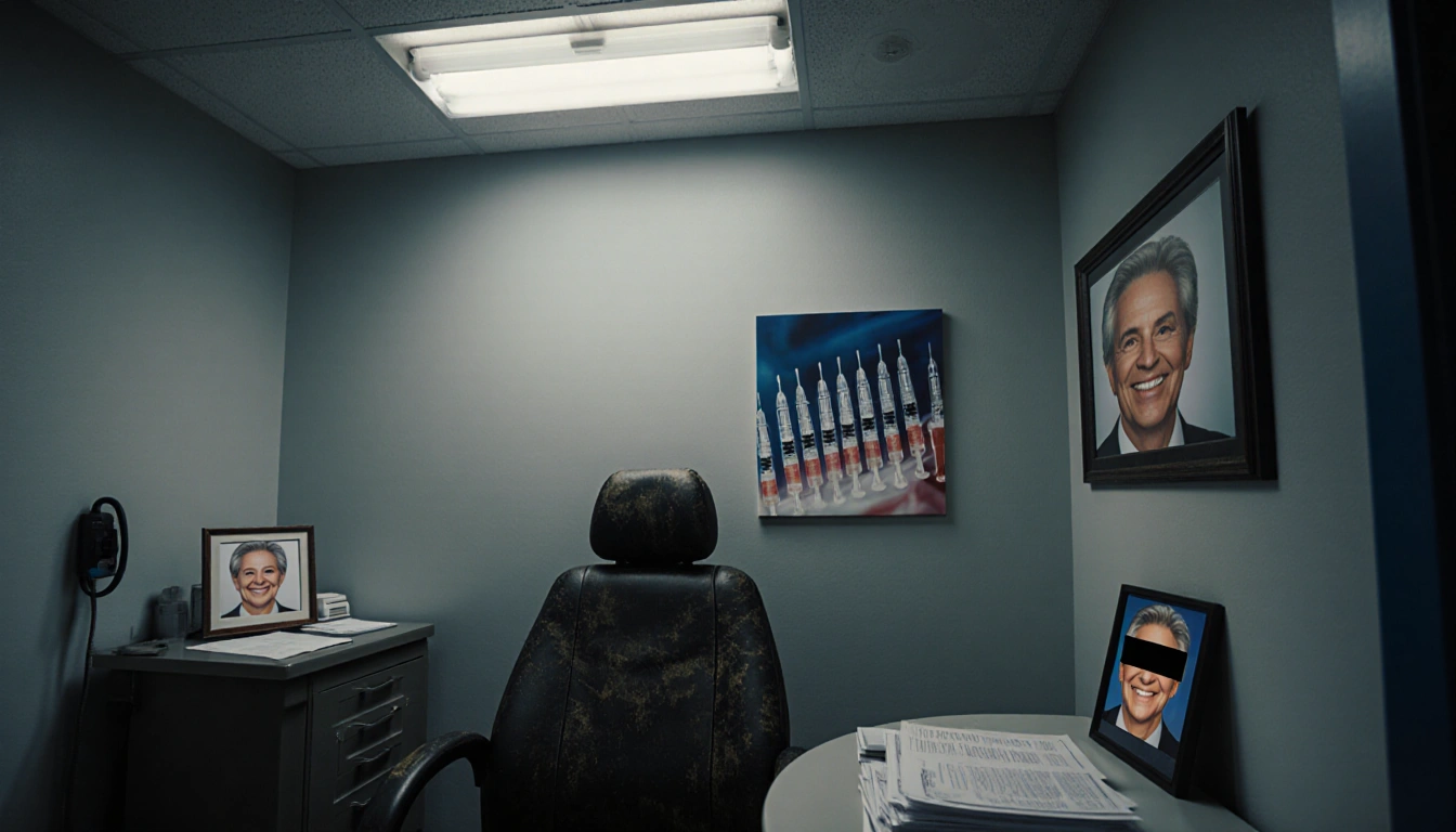 Doctor’s portrait shows black bar across face with unpaid Medicare claims nearby and blurred Botox syringes in background