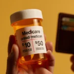 Person holding prescription bottle with split price label $10 Medicare and $50 ACA and a wallet showing financial struggle.