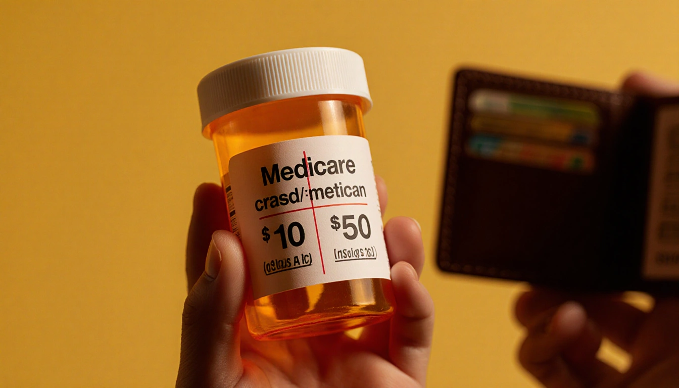 Person holding prescription bottle with split price label $10 Medicare and $50 ACA and a wallet showing financial struggle.