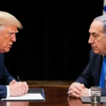 Computer screen showing a refusal message about Trump and Netanyahu with an offer to help