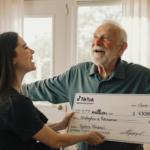 Elderly Meijer employee receiving a large check from TikTok influencer with warm gratitude in a bright room