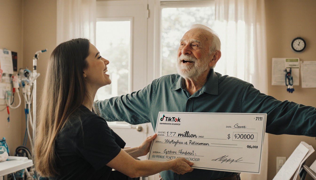 Elderly Meijer employee receiving a large check from TikTok influencer with warm gratitude in a bright room