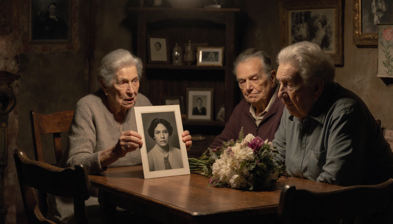 Family members looking at old photograph with griefful faces and a bouquet of flowers near the table