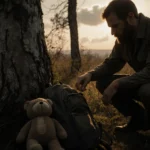 Volunteer kneels beside weathered backpack with golden light filtering through trees and a stuffed animal nearby