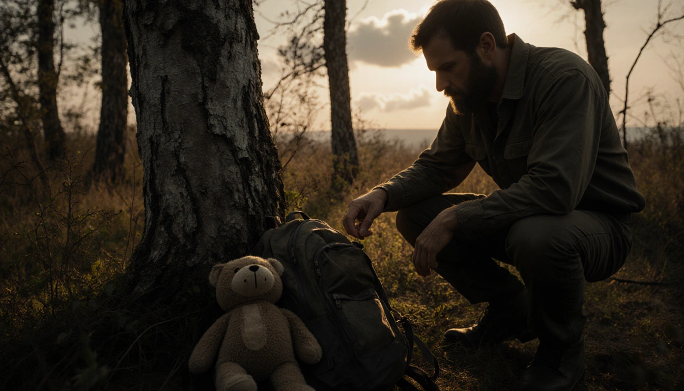 Volunteer kneels beside weathered backpack with golden light filtering through trees and a stuffed animal nearby