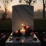 Memorial candle glowing warmly with light on white marble headstone and flowers near golden sunrise among eucalyptus trees