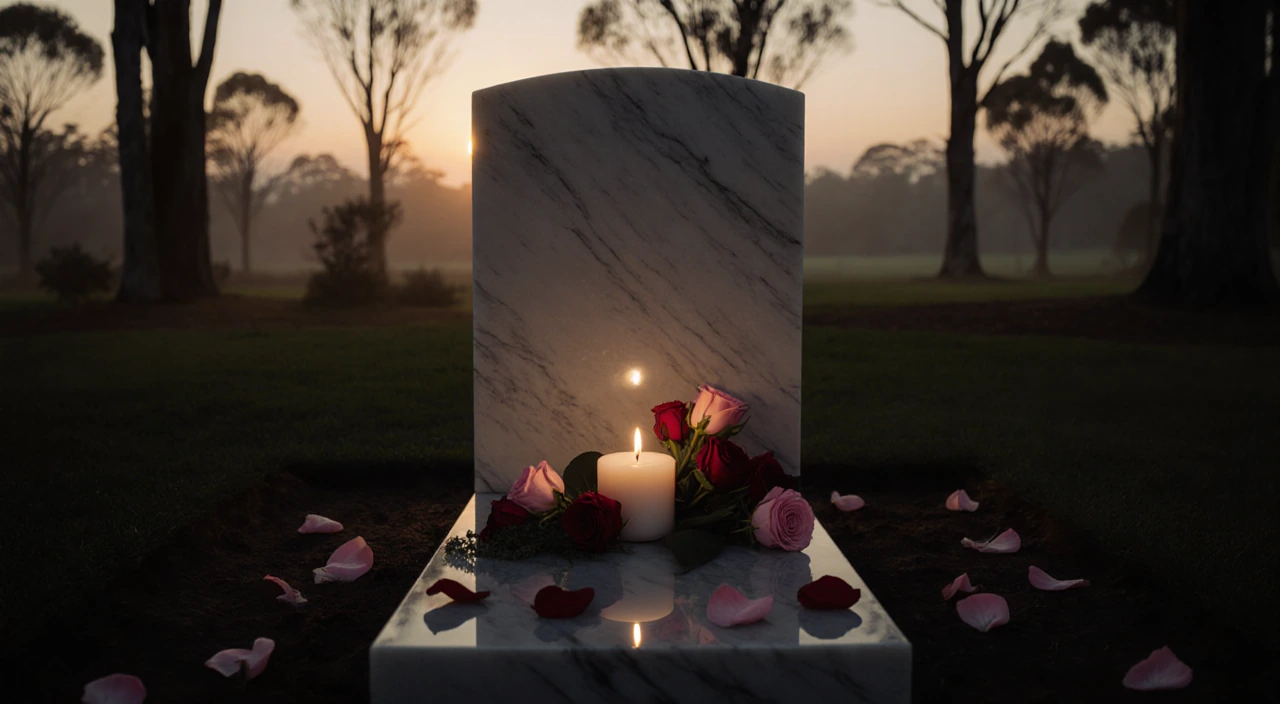 Memorial candle glowing warmly with light on white marble headstone and flowers near golden sunrise among eucalyptus trees