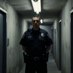 Security officer standing at attention near a metal door in a dim corridor of Men