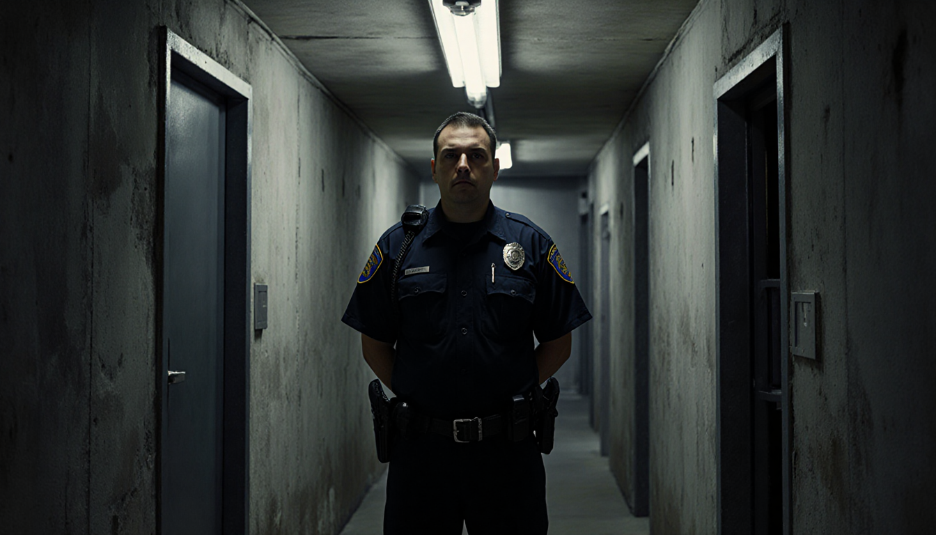 Security officer standing at attention near a metal door in a dim corridor of Men