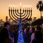 Crowd lighting first candle with 8-foot menorah in Beverly Hills and sunset glow