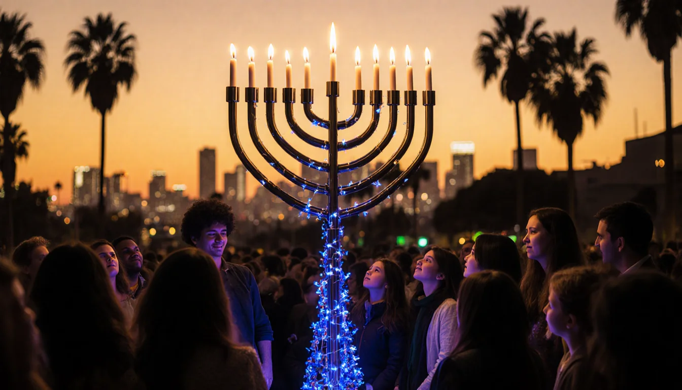 Crowd lighting first candle with 8-foot menorah in Beverly Hills and sunset glow