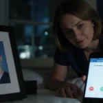 Meredith reaching for phone on bedside table with screen showing 11 missed calls and framed photo of Van at night