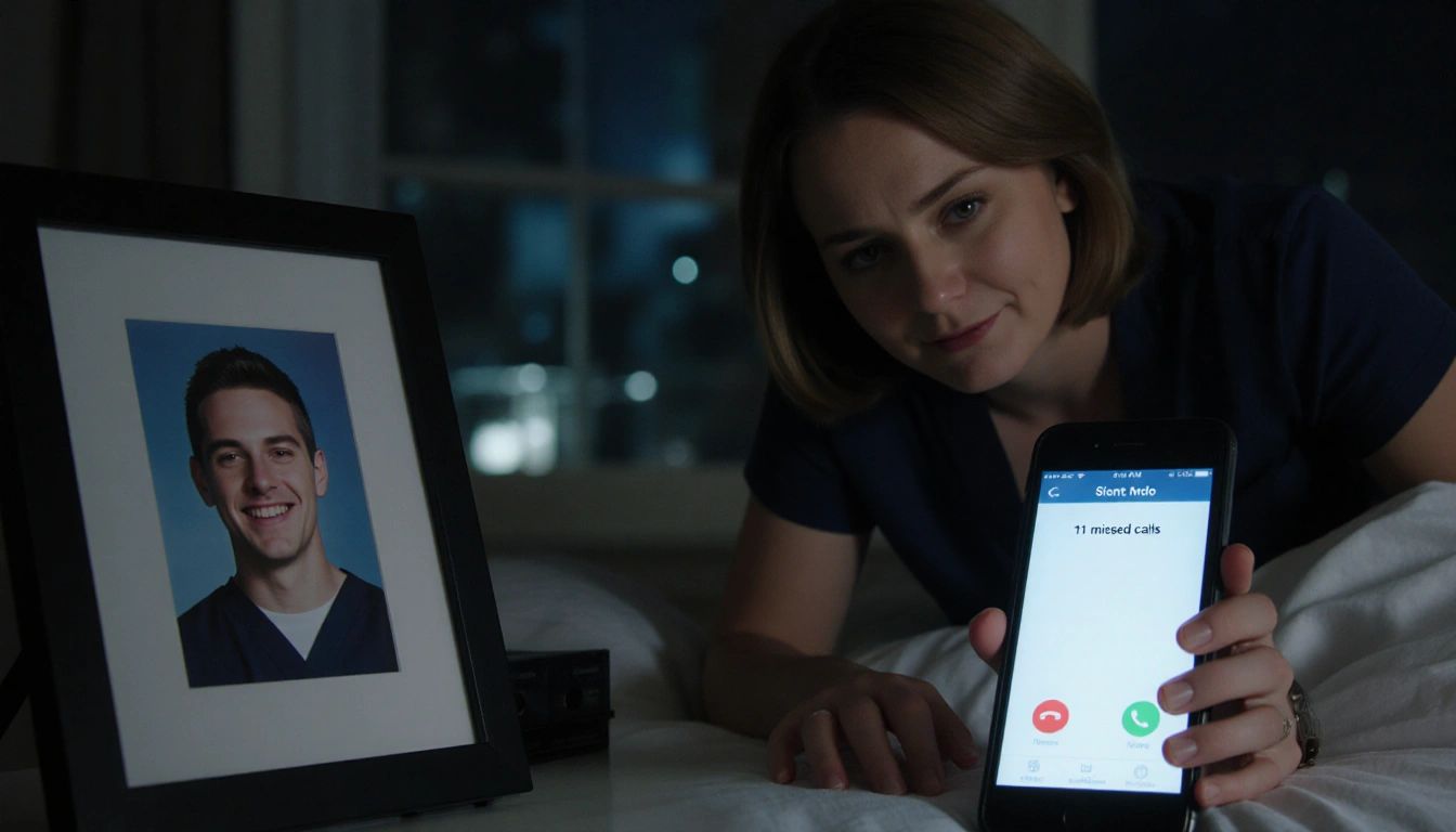 Meredith reaching for phone on bedside table with screen showing 11 missed calls and framed photo of Van at night