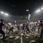 Security personnel fighting chaos on field with angry fans vandalizing equipment in Salt Lake Stadium