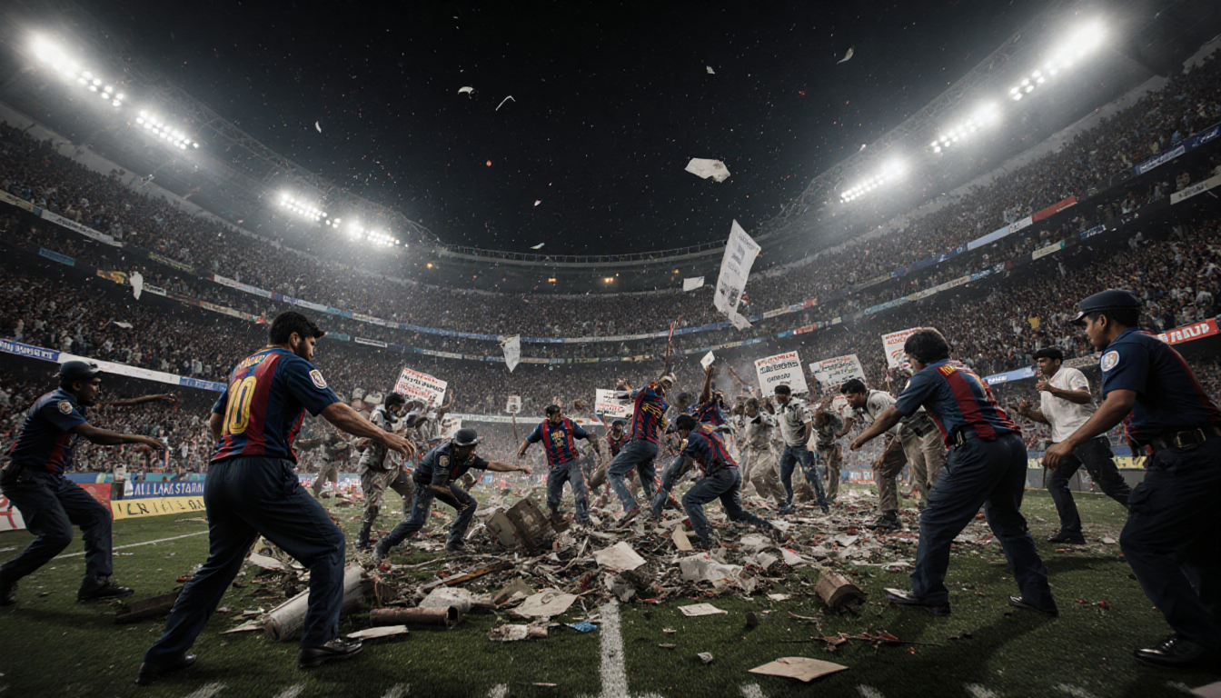 Security personnel fighting chaos on field with angry fans vandalizing equipment in Salt Lake Stadium