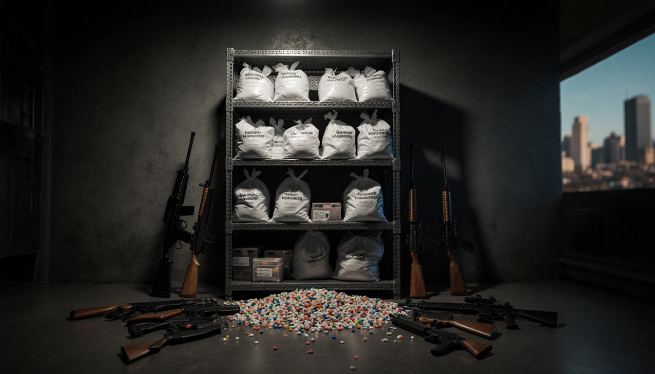 Industrial shelving loaded with meth bags and pills near scattered firearms in dim room.